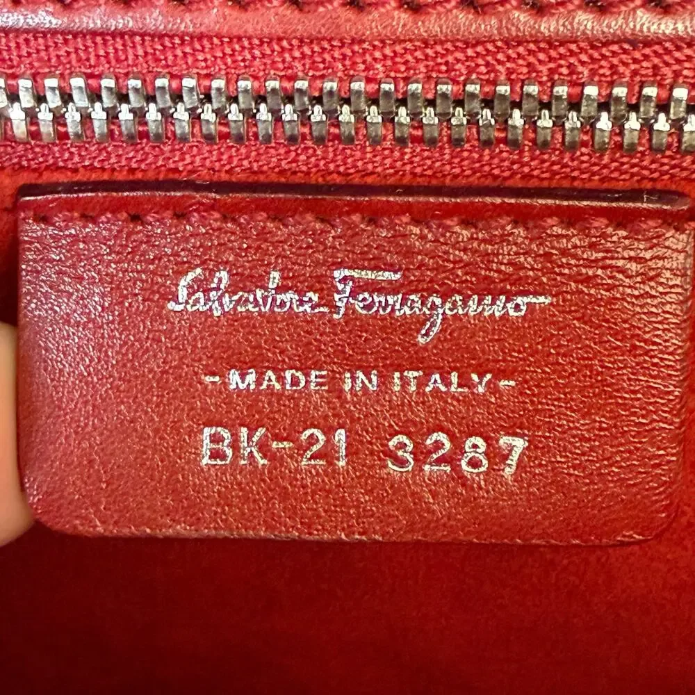Ferragamo Gancini Woven Top Handle Satchel Bag Red Leather Made in Italy